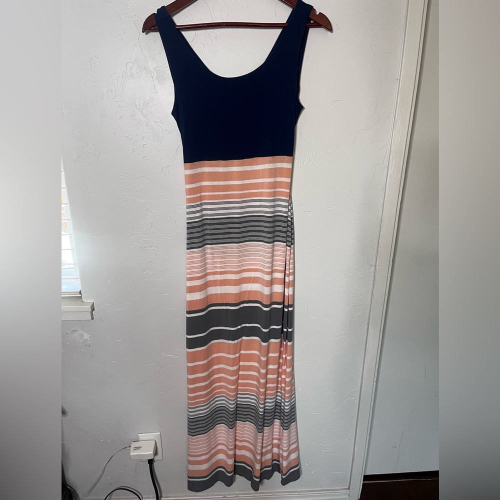 Market & Spruce Navy and Peach Striped Maxi Dress‎ Criss Cross Back Size Medium